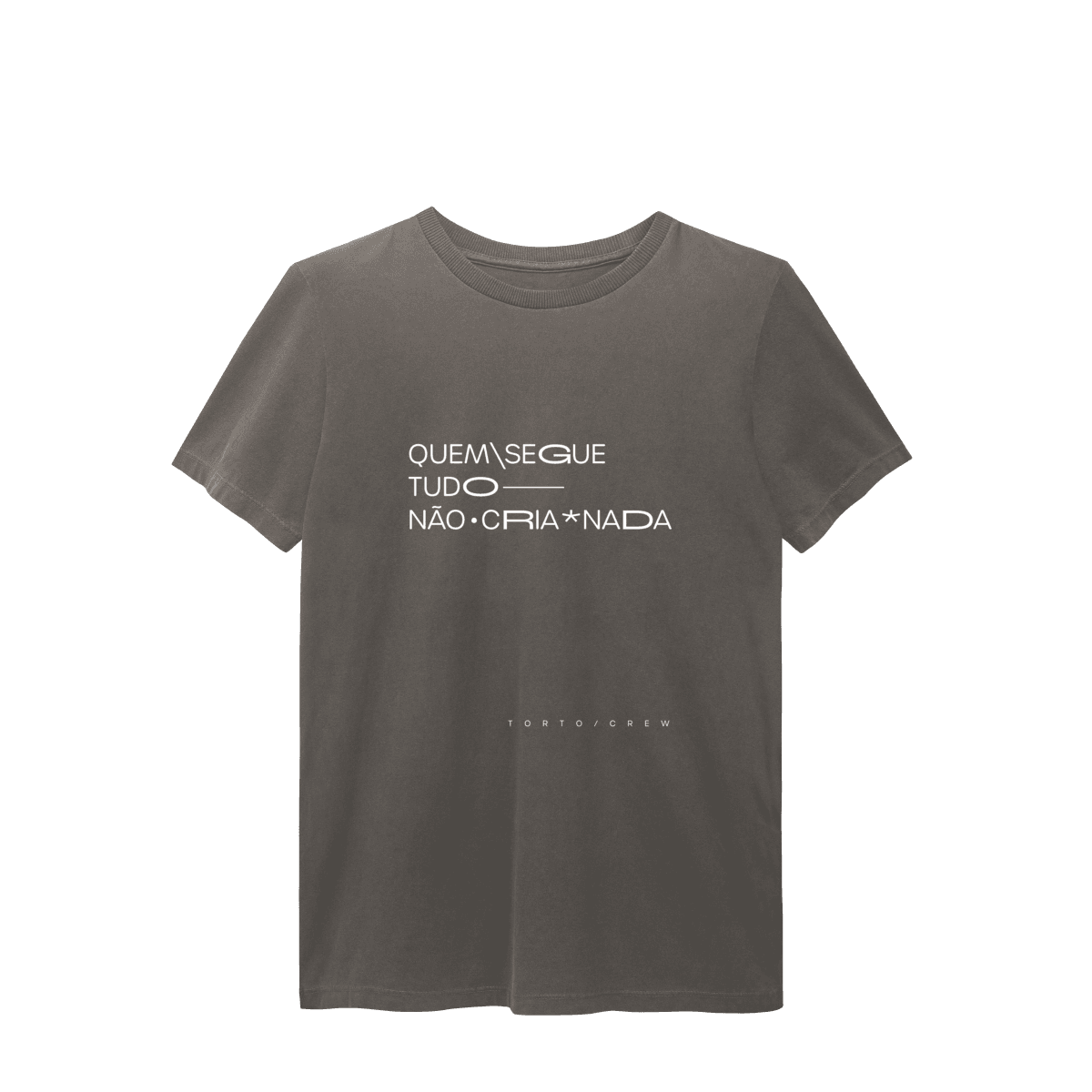 Quem segue tudo, não cria nada • camiseta estonada, cor Cinza chumbo estonada