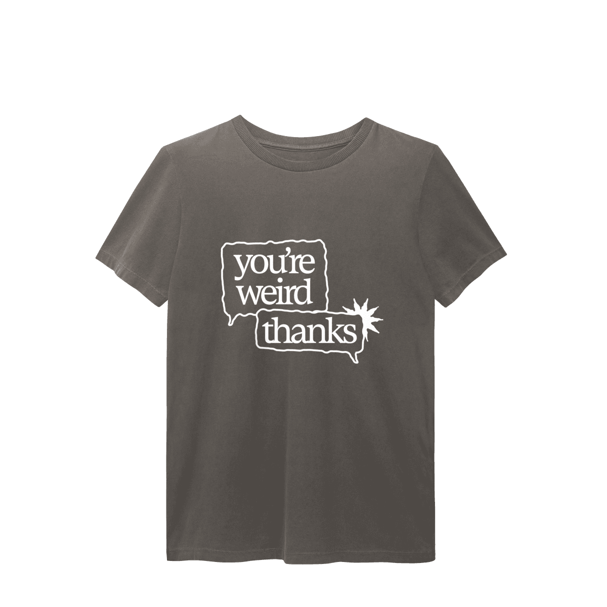 You're weird / thanks • camiseta estonada, cor Cinza chumbo estonada